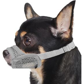 Mayerzon Mesh Muzzle for Short Snout and Small Medium Dogs Anti-Biting, Focus on Brachycephalic Dogs like Chihuahua Pomeranian, Breathable Fabric, Opening Front, Allow Panting, for Grooming Vet Visits
