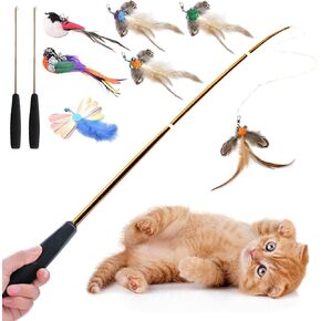 Interactive Cat Wand Toys Set, 2PCS Cat Teaser with 6 Replacement Birds, Feathers & Bells for Indoor Play