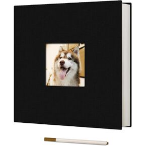 Photo Album Self Adhesive Scrapbook for 4x6 5x7 8x10 Pictures Linen Cover Scrapbook Album DIY with Display Window 40 Blank Pages with A Metallic Pen for Family Wedding Travel Baby, Black
