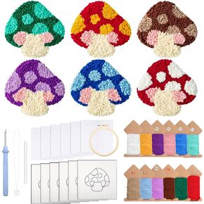 Mushroom Punch Needle Coaster Kit, 6Pcs Pattern Tufted Rug Pads, Coaster Punches Needles Kits with Adhesive Felt, Yarns, Embroidery Hoop, Instruction DIY Craft Supplie for Beginners Adults(12Colors)