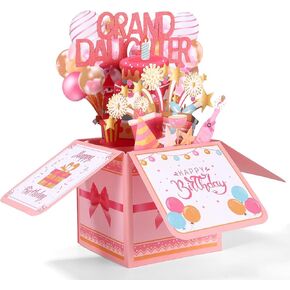 Happy Birthday Pop Up Card for Granddaughter, Colorful Balloons & Fireworks 3D Birthday Card with Envelope Creative Gift for Grand-Daughter from Grandparents
