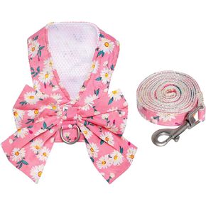 Dog Harness and Leash Set Adjustable Puppy Harness Mesh Vest Set Bow Knot Pet Clothes for Small Girl Dog Cat Summer (Pink, Small)