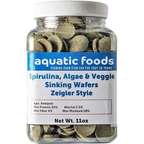 Aquatic Foods Inc. 16mm - 5/8 "Wefer of Spirulina ، الطحالب ، الخضار ، رقاقة الغرق للأسماك السفلية ، الروبيان ، القواقع ، سرطان البحر ، جراد البحر ، جميع الأسماك الاستوائية ، رقبزات على طراز Zeigler ... 11 أوقية جرة صغيرة