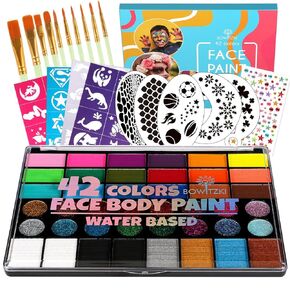 Bowitzki Professional Face & Body Paint Kit - 42 Non Toxic Water Based Colors, 16 Glitters,9 Stencils, 10 Brushes Safe Face Paint Makeup for Halloween, Carnival, Cosplay, Kids Adults Artists