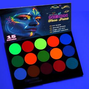 Bowitzki UV Face Paint Kit,15 Colors Water Based Non Toxic UV Neon Face Paint,Professional Neon Fluorescent Body Face Paint Makeup For Party,Halloween,Carnival,Festival