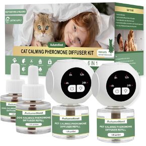 Cat Calming Pheromones Diffuser Kit with Timer – 2 Plug-Ins + 4 Refills (48ml) – 4-Level Timing – Stress Relief for Cats – Helps with Hiding, Scratching, Urine Marking, Travel, Vet Visits