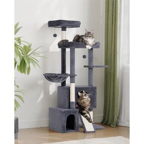 61'' Tall Cat Tree with 2 Condos for Large Adult Cats, Multi-Level Cat Play Tower with Large Perch Scratch Pad Post Hammock for Indoor Active Kittens Pet, Dark Grey