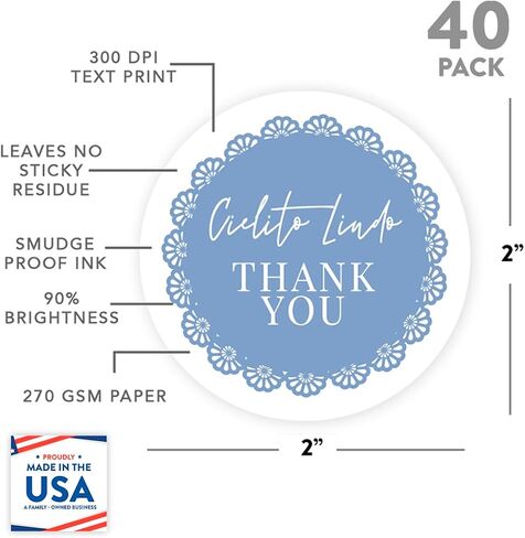 Andaz Press 2 بوصة Cielito Lindo Dust Dream ، Dusty Blue Personalized Thanks You Stickers ، Cielito Lindo Party Decorts ، ملصقات استحمام الطفل للفضلات ، الحلوى ، الأظرف ، 40 حزمة in Kuwait