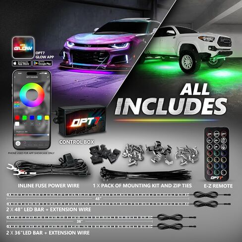 OPT7 Aura Pro Underglow Kit for Trucks Trailers w/App Control, Waterproof Rigid Aluminum LED Bars, Soundsync, Multi Colors Mode, Door Assist, iOS/Android Bluetooth, Exterior Neon Under Car Lights in Saudi Arabia