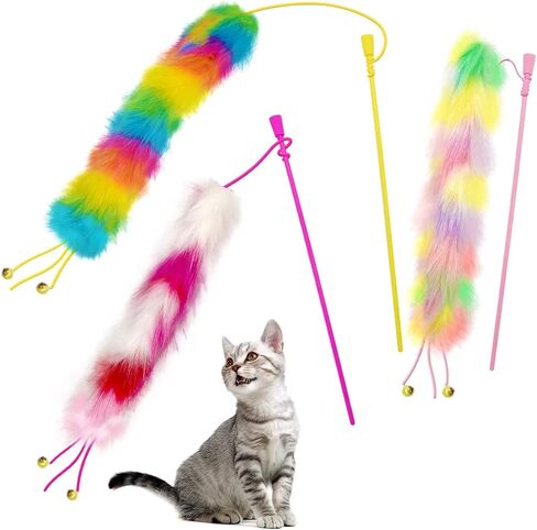 3 Pack Cat Wand Toy, Rainbow Cat Feather Toys with Bells, Teaser Wand with Soft Furry Tail, Interactive Toys for Indoor Cats & Kitten & Kitty in Kuwait