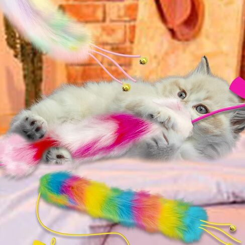 3 Pack Cat Wand Toy, Rainbow Cat Feather Toys with Bells, Teaser Wand with Soft Furry Tail, Interactive Toys for Indoor Cats & Kitten & Kitty in Kuwait