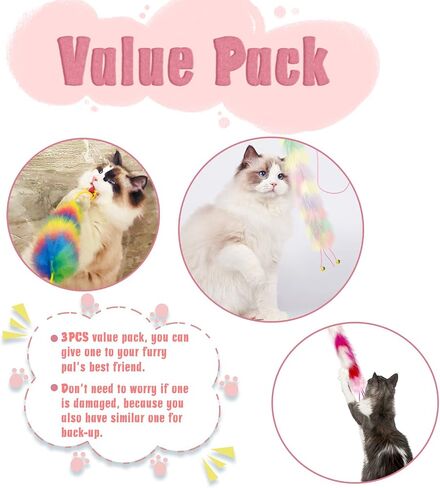 3 Pack Cat Wand Toy, Rainbow Cat Feather Toys with Bells, Teaser Wand with Soft Furry Tail, Interactive Toys for Indoor Cats & Kitten & Kitty in Kuwait