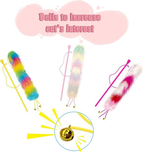 3 Pack Cat Wand Toy, Rainbow Cat Feather Toys with Bells, Teaser Wand with Soft Furry Tail, Interactive Toys for Indoor Cats & Kitten & Kitty in Kuwait