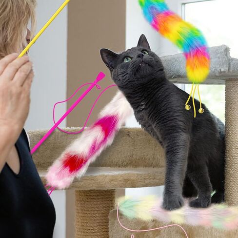 3 Pack Cat Wand Toy, Rainbow Cat Feather Toys with Bells, Teaser Wand with Soft Furry Tail, Interactive Toys for Indoor Cats & Kitten & Kitty in Kuwait