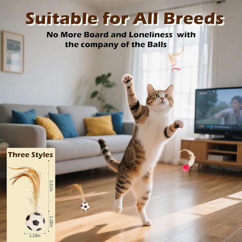 Cat Bouncy Ball Toys Sports Style, 3 Pack with Feathers, Durable Interactive Chase and Pounce Toys for Indoor Cat Exercise, Suitable for All Breeds in Saudi Arabia