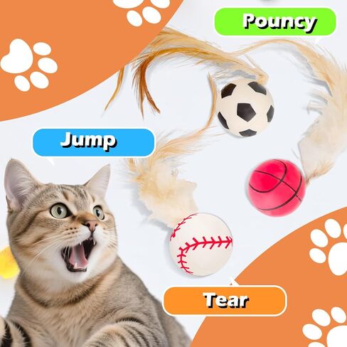 Cat Bouncy Ball Toys Sports Style, 3 Pack with Feathers, Durable Interactive Chase and Pounce Toys for Indoor Cat Exercise, Suitable for All Breeds in Saudi Arabia