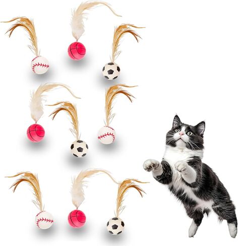 Cat Bouncy Ball Toys Sports Style, 3 Pack with Feathers, Durable Interactive Chase and Pounce Toys for Indoor Cat Exercise, Suitable for All Breeds in Saudi Arabia