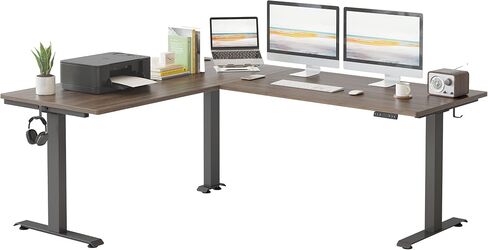 FEZIBO Triple Motor L-Shaped Electric Standing Desk, 75 Inches Height Adjustable Stand up Corner Desk, Sit Stand Workstation with Splice Board, Black Frame/Black Walnut Top in Saudi Arabia