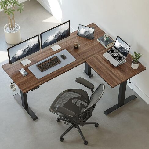 FEZIBO Triple Motor L-Shaped Electric Standing Desk, 75 Inches Height Adjustable Stand up Corner Desk, Sit Stand Workstation with Splice Board, Black Frame/Black Walnut Top in Saudi Arabia