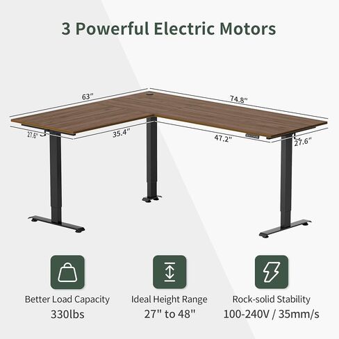 FEZIBO Triple Motor L-Shaped Electric Standing Desk, 75 Inches Height Adjustable Stand up Corner Desk, Sit Stand Workstation with Splice Board, Black Frame/Black Walnut Top in Saudi Arabia