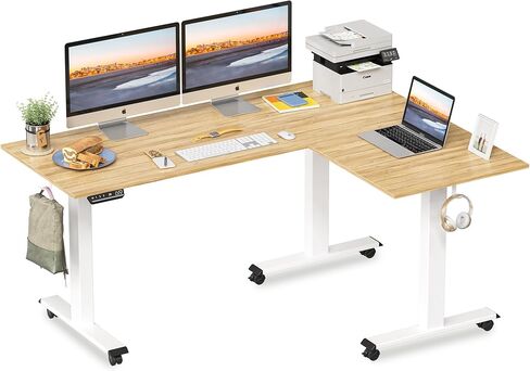 FEZIBO Triple Motor L-Shaped Electric Standing Desk, 75 Inches Height Adjustable Stand up Corner Desk, Sit Stand Workstation with Splice Board, Black Frame/Black Walnut Top in Saudi Arabia