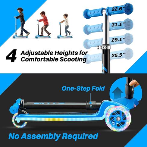 ZIFFY 3-Wheel Light-Up Kids Scooter, Kids Balance Scooter for Boys Girls with 20 Dynamic LED Lights, 4 Adjustable Height, Lean-to-Steer Design with Anti-Slip Wide Deck for Stability - Up to 110LBS in Kuwait