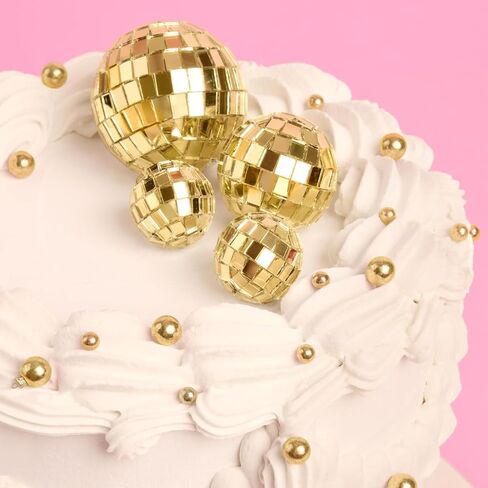 Xo ، Fetti Gold Disco Ball Cake Topper - 4 قطع | آخر حفلة ديسكو باكيلوريت ، لوازم حفلات عيد ميلاد الفضاء رعاة البقر ، ديكور كعكة الذهب ، ديكور دش الطفل الرائع in Saudi Arabia