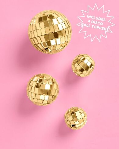 Xo ، Fetti Gold Disco Ball Cake Topper - 4 قطع | آخر حفلة ديسكو باكيلوريت ، لوازم حفلات عيد ميلاد الفضاء رعاة البقر ، ديكور كعكة الذهب ، ديكور دش الطفل الرائع in Saudi Arabia