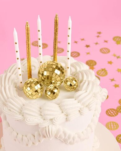Xo ، Fetti Gold Disco Ball Cake Topper - 4 قطع | آخر حفلة ديسكو باكيلوريت ، لوازم حفلات عيد ميلاد الفضاء رعاة البقر ، ديكور كعكة الذهب ، ديكور دش الطفل الرائع in Saudi Arabia