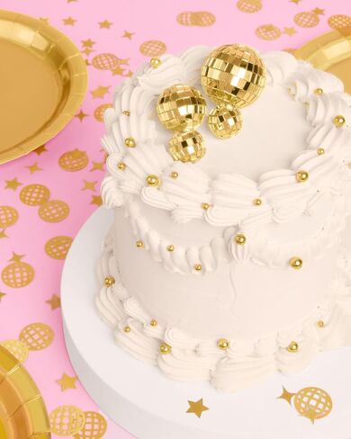 Xo ، Fetti Gold Disco Ball Cake Topper - 4 قطع | آخر حفلة ديسكو باكيلوريت ، لوازم حفلات عيد ميلاد الفضاء رعاة البقر ، ديكور كعكة الذهب ، ديكور دش الطفل الرائع in Saudi Arabia
