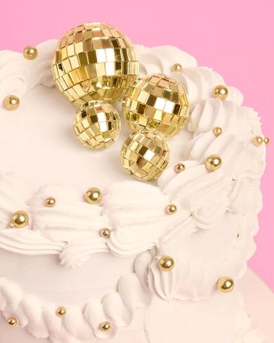 Xo ، Fetti Gold Disco Ball Cake Topper - 4 قطع | آخر حفلة ديسكو باكيلوريت ، لوازم حفلات عيد ميلاد الفضاء رعاة البقر ، ديكور كعكة الذهب ، ديكور دش الطفل الرائع in Saudi Arabia