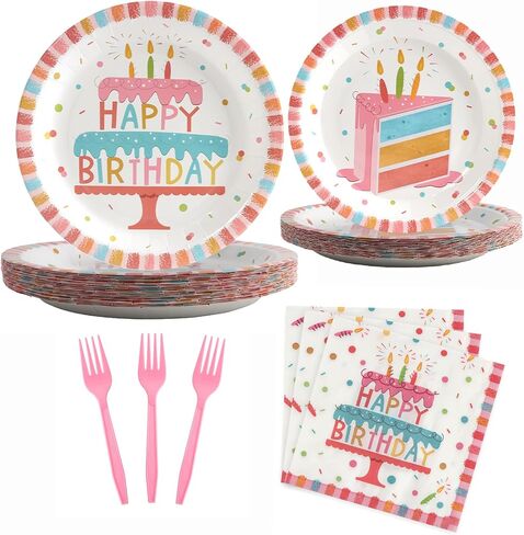 96 Pcs Party Paper Plates and Napkins Sets, Pink Birthday Paper Plates and Napkins, Disposable Tableware Set, Party Supplies for Kids Happy Birthday, Serve for 24, Striped Edge Design in Saudi Arabia