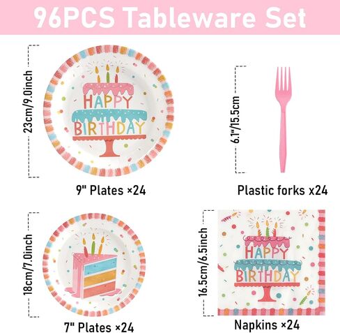 96 Pcs Party Paper Plates and Napkins Sets, Pink Birthday Paper Plates and Napkins, Disposable Tableware Set, Party Supplies for Kids Happy Birthday, Serve for 24, Striped Edge Design in Saudi Arabia