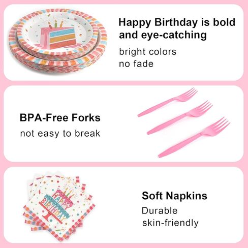 96 Pcs Party Paper Plates and Napkins Sets, Pink Birthday Paper Plates and Napkins, Disposable Tableware Set, Party Supplies for Kids Happy Birthday, Serve for 24, Striped Edge Design in Saudi Arabia