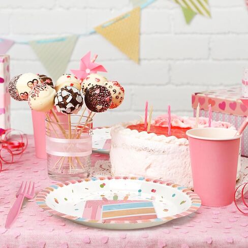 96 Pcs Party Paper Plates and Napkins Sets, Pink Birthday Paper Plates and Napkins, Disposable Tableware Set, Party Supplies for Kids Happy Birthday, Serve for 24, Striped Edge Design in Saudi Arabia
