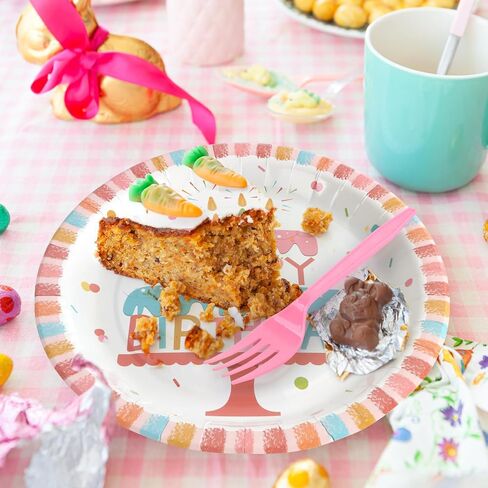 96 Pcs Party Paper Plates and Napkins Sets, Pink Birthday Paper Plates and Napkins, Disposable Tableware Set, Party Supplies for Kids Happy Birthday, Serve for 24, Striped Edge Design in Saudi Arabia