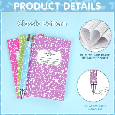 24 Pack Narrow Ruled Composition Notebook with 24 Pack Rainbow Colors Ballpoint Pens, 3.1x4.9 inch Hard Cover,16 Sheets Per Comp Book Marble Composition Notebook for School College & Office Supplies in Saudi Arabia