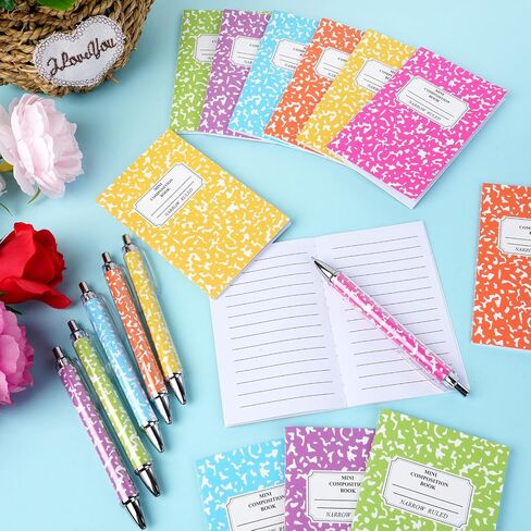 24 Pack Narrow Ruled Composition Notebook with 24 Pack Rainbow Colors Ballpoint Pens, 3.1x4.9 inch Hard Cover,16 Sheets Per Comp Book Marble Composition Notebook for School College & Office Supplies in Saudi Arabia