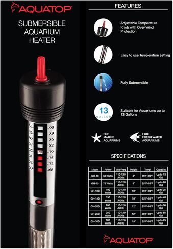 Aquatop 300W Aquarium Submersible Close-درجة حرارة قابلة للتعديل 68-93 درجة فهرنهايت-خزانات الأسماك التي تصل إلى 75 جالون-للمياه العذبة والمياه المالحة-GH-300 in Kuwait
