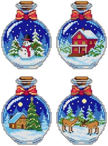 Counted Cross-Stitch Kit on Plastic Canvas with Winter Houses. 4 Christmas Ornaments Different Dimensions 112CS. Perfect for Art & Craft Amateurs in Kuwait