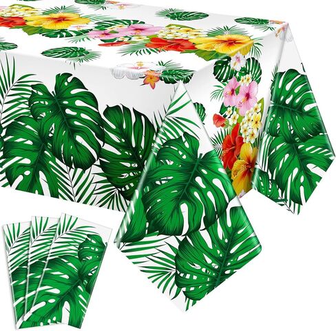 Tatuo 3 Pcs Hawaiian Tablecloths Tropical Luau Table Covers Summer Party Decoration Palm Leaves Plastic Disposable Rectangular Aloha Flower Tablecloth for Summer Cocktail Party Supplies (Green) in Kuwait