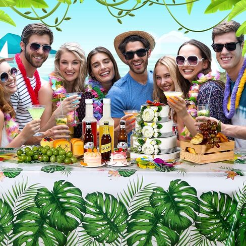 Tatuo 3 Pcs Hawaiian Tablecloths Tropical Luau Table Covers Summer Party Decoration Palm Leaves Plastic Disposable Rectangular Aloha Flower Tablecloth for Summer Cocktail Party Supplies (Green) in Kuwait