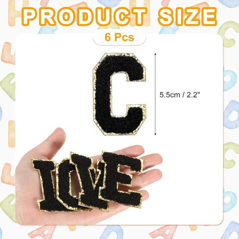 MECCANIXITY Chenille Letter Patches 2.2" Self Adhesive Alphabet C Stick on Embroidered Patch Sew on Letter Stickers Applique for Repairing Clothing Jeans Shoes Hats DIY(Black, Pack of 6) in Kuwait