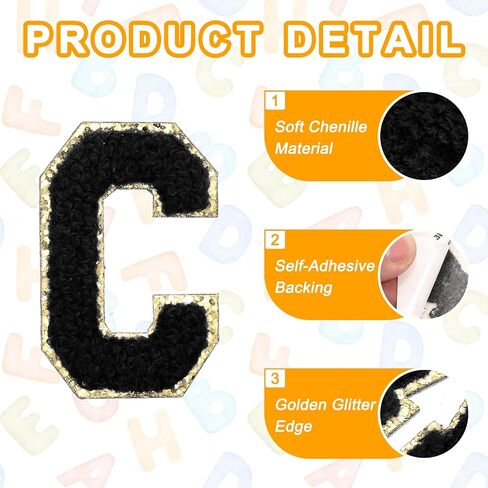 MECCANIXITY Chenille Letter Patches 2.2" Self Adhesive Alphabet C Stick on Embroidered Patch Sew on Letter Stickers Applique for Repairing Clothing Jeans Shoes Hats DIY(Black, Pack of 6) in Kuwait