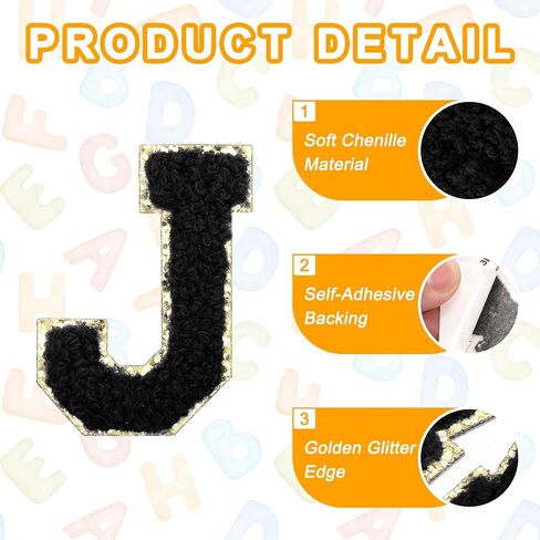 MECCANIXITY Chenille Letter Patches 2.2" Self Adhesive Alphabet C Stick on Embroidered Patch Sew on Letter Stickers Applique for Repairing Clothing Jeans Shoes Hats DIY(Black, Pack of 6) in Kuwait