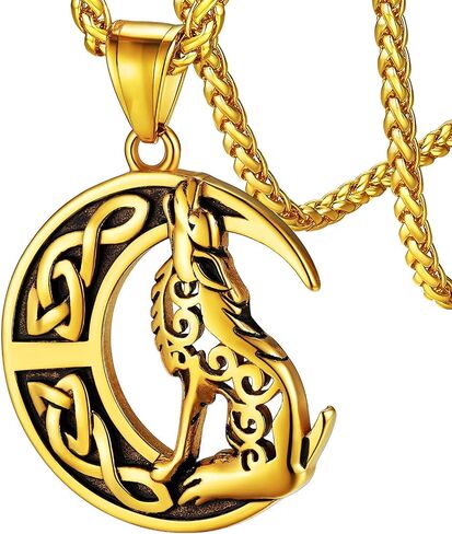 قلادة قلادة من FaithHeart Norse Viking Wolf للرجال/النساء، مصنوعة من الفولاذ المقاوم للصدأ/مطلية بالذهب عيار 18 قيراط مجوهرات من الفايكنج الشمالي مع تغليف الهدايا in Kuwait