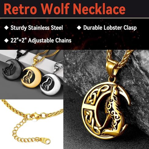 قلادة قلادة من FaithHeart Norse Viking Wolf للرجال/النساء، مصنوعة من الفولاذ المقاوم للصدأ/مطلية بالذهب عيار 18 قيراط مجوهرات من الفايكنج الشمالي مع تغليف الهدايا in Kuwait