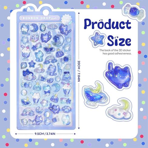 BYETOCE Cartoon Thick Puffy Stickers Cute Blue Kitten Animal Theme Soft Stickers 3D Reusable Tiny Patch for Scrapbooks Planner Journals Laptops Phone Case DIY in Kuwait