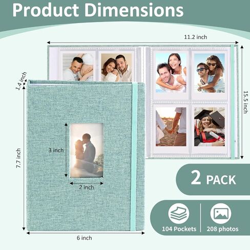 vivinin 2PCS Polaroid Photo Album, 2x3 Inch Pockets Mini Photo Album for 104 Pockets Hold 208 Pictures, Linen Hardcover Polaroid Album Book for Photos, Family Anniversaries, Baby Vacations (Green) in Kuwait