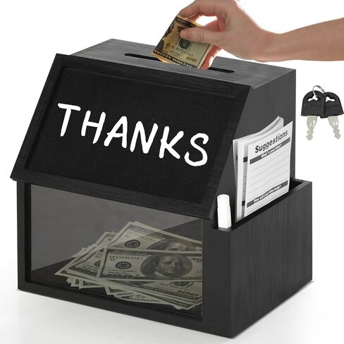 Wood Suggestion Box with Lock, Retro Donation Ballot Box with Slot Lock Chalkboard, Money Drop B for Tips Ballot Donation Comment, Includes 2 Keys, 20 Suggestion Cards, Pen in Saudi Arabia